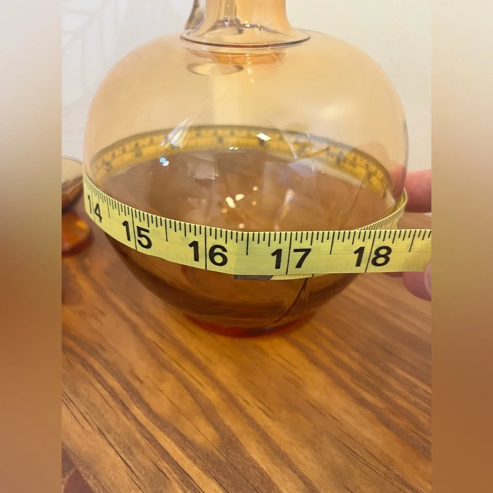 Vintage Amber Glass Globe Decanter Set Wth Stopper & 3 Cordial Glasses Barware